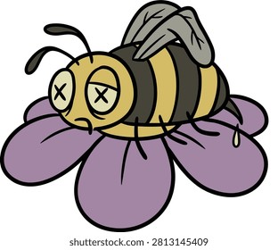 A stylized vector illustration of a deceased bumblebee with x-shaped eyes resting on a large purple flower petal