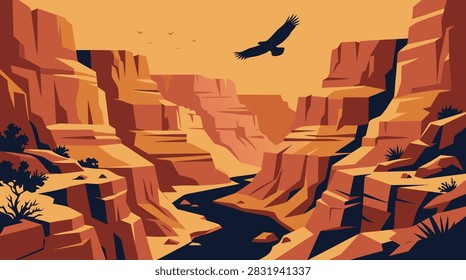 A stylized vector illustration of a deep desert canyon with a winding river and an eagle flying through the sky at sunset.