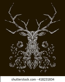 Stylized vector illustration of a deer with flowers and plants in the style of Doodle