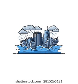 A stylized vector illustration depicting a city skyline being flooded by rising waters. Skyscrapers are shown tilting and partially submerged in choppy blue waves under heavy rain clouds. The artwork uses a clean line art style with a limited color palette of blues and greys, representing themes of climate change and environmental crisis.