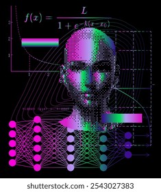 Stylized vector illustration depicting the concept of neural networks and AI, featuring a pixelated human-like face, neural network layers and mathematical equations.