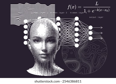 Stylized vector illustration depicting the concept of neural networks and AI, featuring a pixelated human-like face, neural network layers and mathematical equations.