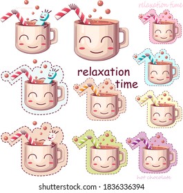 Stylized vector illustration depicting a cup filled with hot chocolate. 
The marshmallow character relaxes in hot chocolate.
A set of stickers.

