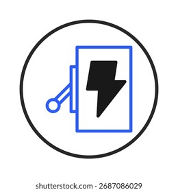 A stylized vector illustration depicting an electrical switch with a lightning bolt symbol. Representing energy control, electrical safety, and technological systems, this image is suitable for