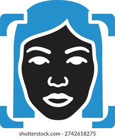 A stylized vector illustration depicting a female face within a biometric scanning frame. The icon symbolizes facial recognition technology, identity verification, and security systems. The design features a black face silhouette with blue hair and frame elements on a white background, ideal for digital applications.