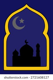Una Ilustración vectorial estilizada que representa una silueta de mezquita dentro de un marco de ventana arqueado, con una luna creciente y una estrella contra un cielo nocturno azul profundo, que simboliza el Ramadán y la herencia islámica.