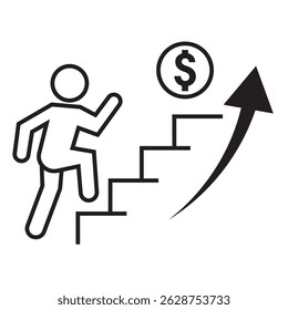 A stylized vector illustration depicts a figure climbing a staircase towards a dollar sign, accompanied by an upward-trending arrow, symbolizing financial growth, success, and achievement.