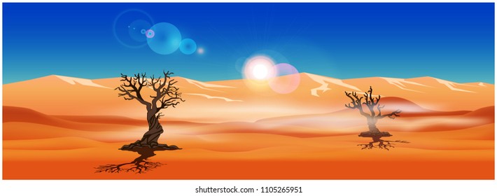 Stylized vector illustration of a desert landscape with dead trees. Seamless horizontally if needed