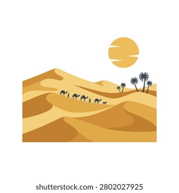 A stylized vector illustration of a desert scene featuring rolling sand dunes palm trees and a line of camels traveling under a large yellow sun