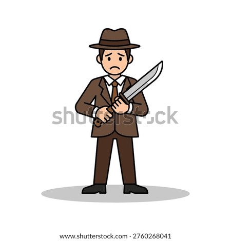 Stylized vector illustration of a detective holding a knife, conveying mystery and danger. Ideal for crime dramas, suspenseful narratives, or noir-themed marketing.