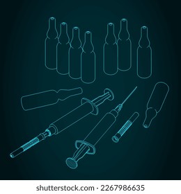 Ilustración vectorial estilizada de la jeringa desechable con aguja y ampulas