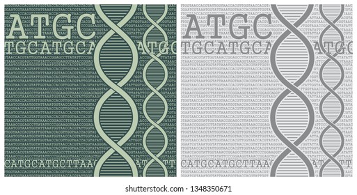 Stylized vector illustration of DNA chains on a background of DNA nucleobases