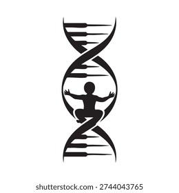 Stylized vector illustration of a dna double helix containing a serene baby in a yoga pose symbolizing harmony between genetics and wellness.
