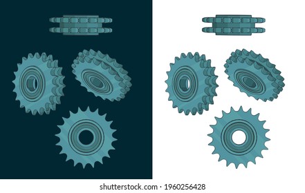 Stylized Vector Illustration Of Double Chain Sprocket Color Drawings