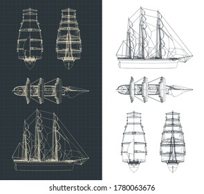 Stylized vector illustration of a drawing of a large three-masted sailboat