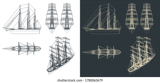 Stylized vector illustration of a drawing of a large three-masted sailboat, with the sails down