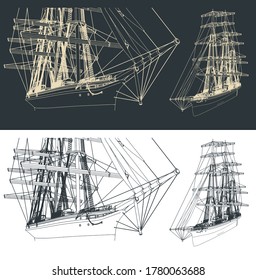 Stylized vector illustration of a drawing of a large three-masted sailboat