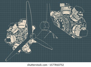 Stylized vector illustration of drawings of 7 cylinder radial engine