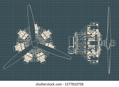 Stylized vector illustration of drawings of 7 cylinder radial engine