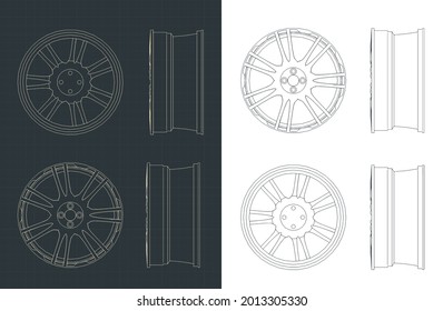 Stilisierte Vektorgrafik von Zeichnungen von Bauplänen für legierte Räder