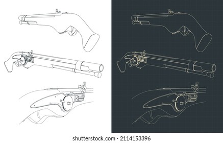 Ilustración vectorial estilizada de dibujos de la antigua pistola de trébol de ruedas