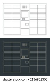 Ilustración vectorial estilizada de planos de terminal de paquetes automatizados