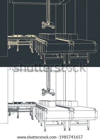 Stylized vector illustration of drawings of an automated conveyor line with a robotic arm