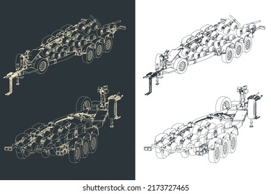 Stylized vector illustration of drawings of a big tri axle boat trailer