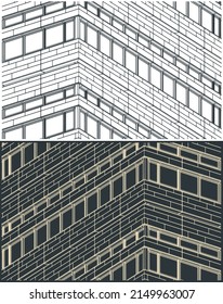 Stylized vector illustration of drawings of building facade close up
