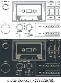 Stylized vector illustration of drawings of a cassette deck of a tape recorder close-up