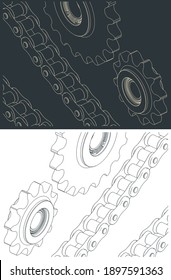 Stylized vector illustration of drawings of chains and sprockets close up