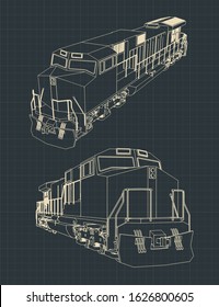 Stylized vector illustration of drawings of a classic diesel locomotive