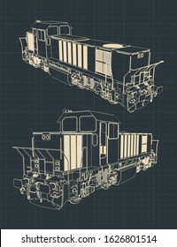 Stylized vector illustration of drawings of a classic diesel locomotive