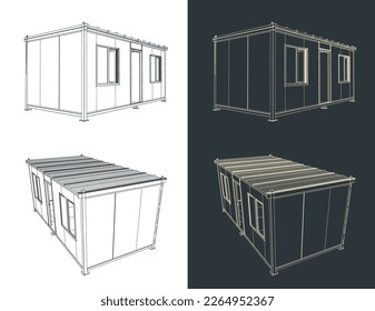 Stilisierte Vektorgrafik von Zeichnungen eines Containerhauses