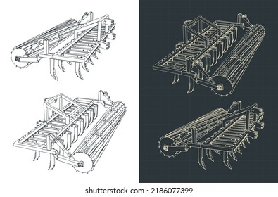 Stylized vector illustration of drawings of cultivator with roller