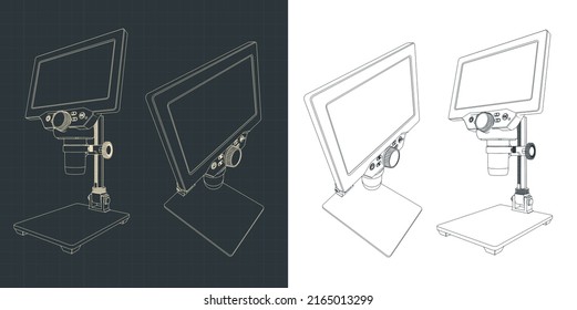 Stylized vector illustration of drawings of digital microscope