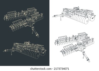 Stylized vector illustration of drawings of disc harrow