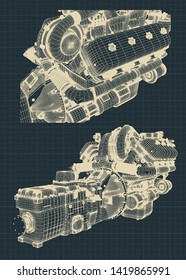 Stylized vector illustration of drawings of the engine and gearbox