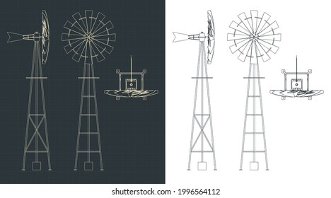 Stylized vector illustration of drawings of farm windmill
