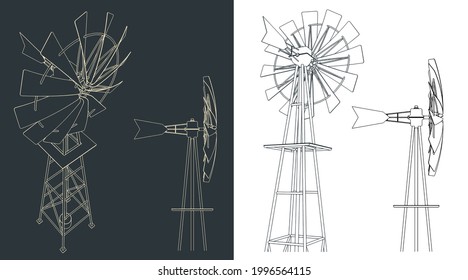 Stylized vector illustration of drawings of farm windmill 