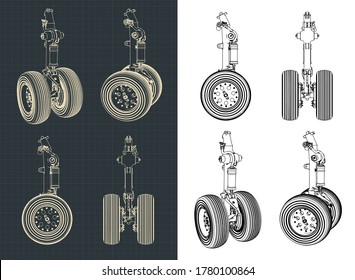 Stylized vector illustration of drawings of the front landing gear of a large aircraft