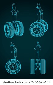 Stylized vector illustration of drawings of the front landing gear of a large aircraft