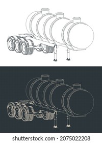 Stylized Vector Illustration Of Drawings Of Fuel Tank Trailer