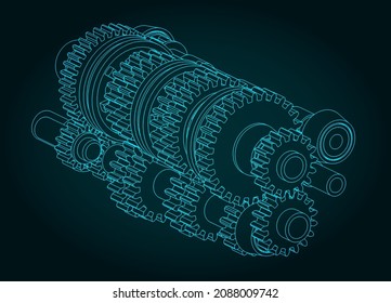 Stylized vector illustration of drawings of gearbox mechanism