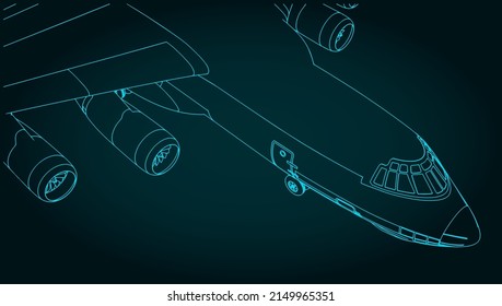 Stylized vector illustration of drawings of heavy cargo aircraft close up