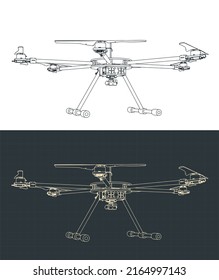 Stylized vector illustration of drawings of hexacopter