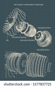 Stylized vector illustration of drawings of a jet engine compressor