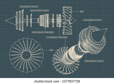 Stylized vector illustration drawings jet engine compressor