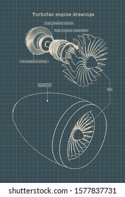 Stylized vector illustration of drawings of a jet engine compressor