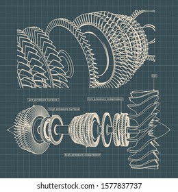 Stylized vector illustration of drawings of a jet engine compressor